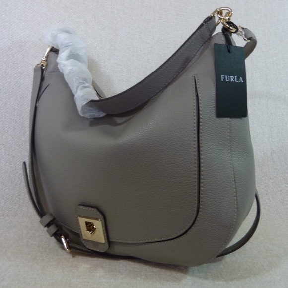 Furla Jo Sabbia Soft Gray Pebbled Leather Shoulder Bag/Crossbody Bag/Hobo Bag - Picture 8 of 12